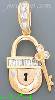 14K Gold Padlock and Key CZ Charm Pendant