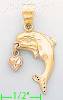 14K Gold Dolphin w/Dangling Heart 3Color Dia-Cut Charm Pendant