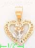 14K Gold Heart w/Rose 3Color Dia-Cut Charm Pendant