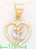 14K Gold Heart w/Rose 3Color Dia-Cut Charm Pendant