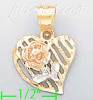 14K Gold Heart w/Rose 3Color Dia-Cut Charm Pendant