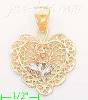 14K Gold Filigree Heart w/Rose 3Color Dia-Cut Charm Pendant