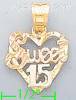 14K Gold Sweet 15 Heart 3Color Dia-Cut Charm Pendant