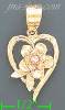 14K Gold Heart w/Flower 3Color Dia-Cut Charm Pendant