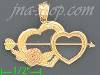 14K Gold Double Heart w/Rose & Arrow 3Color Dia-Cut Charm Pendan