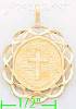 14K Gold Holy Cross Round Frame Dia-Cut Charm Pendant