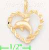 14K Gold Dolphin in Rope Heart Dia-Cut Charm Pendant