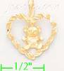 14K Gold Teddy Plush Bear in Rope Heart Dia-Cut Charm Pendant