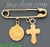 14K Gold Safety Pin w/2 Charms Baptism & Cross Italian Pin Charm