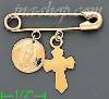 14K Gold Safety Pin w/2 Charms Virgin & Cross Italian Pin Charm