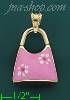 14K Gold 3D Pink Purse w/Flowers Enamel Charm Pendant