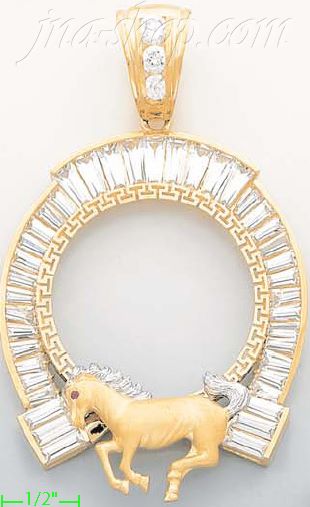 14K Gold Horse & Horseshoe Bezel Coin Charm Pendant - Click Image to Close