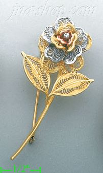 14K Gold Filigree Flower Brooch Pin - Click Image to Close