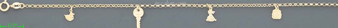 14K Gold Multi Charm Anklet 10" - Click Image to Close