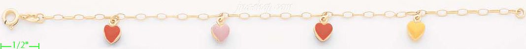 14K Gold Enamel Hearts Charm Anklet 10" - Click Image to Close