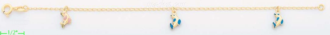 14K Gold Enamel Dolphins Charm Anklet 10" - Click Image to Close