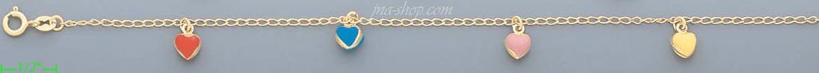 14K Gold Enamel Hearts Charm Anklet 10" - Click Image to Close