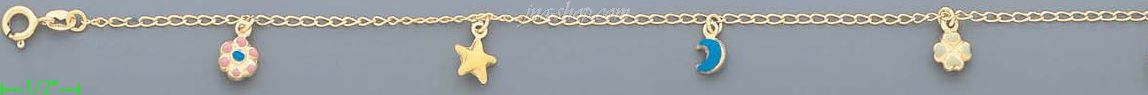 14K Gold Enamel Flower Star Moon Clover Charm Anklet 10" - Click Image to Close