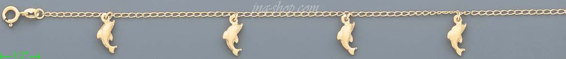 14K Gold Dolphins Charm Anklet 10" - Click Image to Close