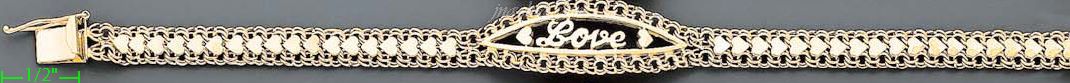 14K Gold 3Color Heart Link "Love" Bracelet 7.25" - Click Image to Close