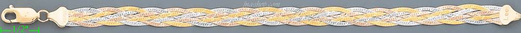 14K Gold 3Color Braided Bracelet 7" - Click Image to Close