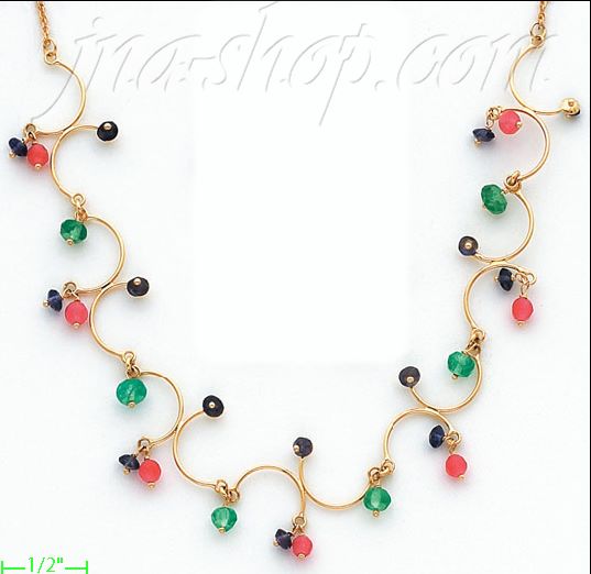14K Gold Fancy Colored Stone Sets Necklace 17" - Click Image to Close