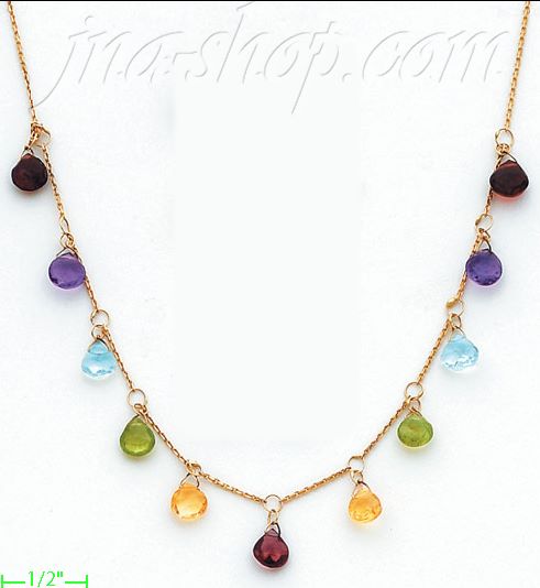 14K Gold Fancy Colored Stone Sets Necklace 17" - Click Image to Close