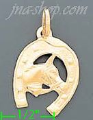 14K Gold Horseshoe & Horse Head Italian Charm Pendant - Click Image to Close