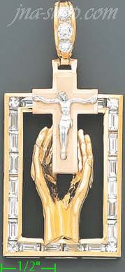 14K Gold Hands Holding Cross Crucifix CZ Charm Pendant - Click Image to Close