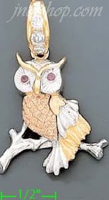 14K Gold Eared Owl on Branch CZ Charm Pendant - Click Image to Close