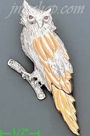 14K Gold Eared Owl on Branch CZ Charm Pendant - Click Image to Close