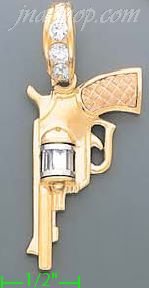 14K Gold Pistol Revolver Gun CZ Charm Pendant - Click Image to Close