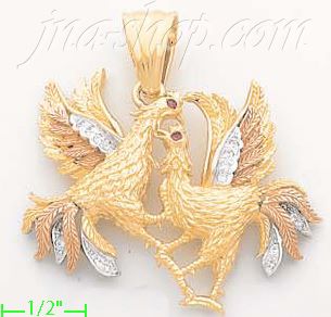 14K Gold Fighting Roosters CZ Charm Pendant - Click Image to Close
