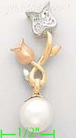 14K Gold Roses w/Pearl CZ Charm Pendant - Click Image to Close