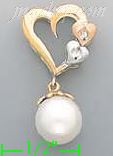 14K Gold Heart w/Small Hearts & Dangling Pearl CZ Charm Pendant - Click Image to Close