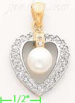 14K Gold Heart w/Pearl in Center CZ Charm Pendant - Click Image to Close