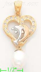 14K Gold Heart w/Dolphins & Dangling Pearl CZ Charm Pendant - Click Image to Close