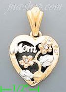 14K Gold Heart w/Mom and Flowers CZ Charm Pendant - Click Image to Close