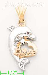14K Gold Dolphins w/Love Heart CZ Charm Pendant - Click Image to Close