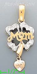 14K Gold Four-Leaf Clover w/Mom & Dangling Heart CZ Charm Pendan - Click Image to Close