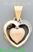 14K Gold Heart w/Dangling Mom Heart CZ Charm Pendant - Click Image to Close