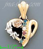 14K Gold Heart w/Mom & Rose Multi-color CZ Charm Pendant - Click Image to Close