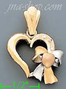14K Gold Heart w/Heart Bow CZ Charm Pendant - Click Image to Close