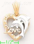 14K Gold Love Heart w/Dolphin CZ Charm Pendant - Click Image to Close