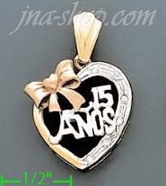 14K Gold 15 Años Heart w/Bow CZ Charm Pendant - Click Image to Close