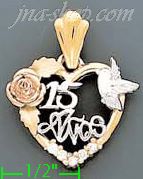 14K Gold 15 Años Heart w/Rose & Bird CZ Charm Pendant - Click Image to Close