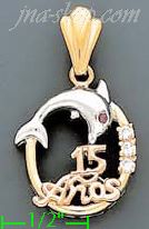 14K Gold 15 Años w/Dolphin Oval CZ Charm Pendant - Click Image to Close