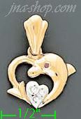 14K Gold Dolphin Heart CZ Charm Pendant - Click Image to Close