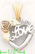14K Gold Love Heart w/Rose CZ Charm Pendant - Click Image to Close