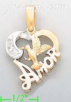 14K Gold Amor Heart w/Hummingbird CZ Charm Pendant - Click Image to Close